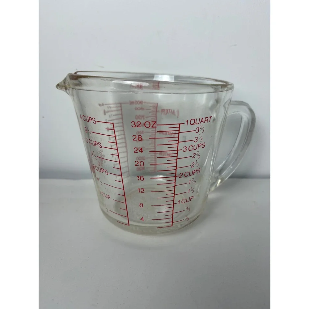 Vtg Fire-King Anchor Hocking 4 Cup Glass Measuring Cup Red Lettering 1 Quart USA